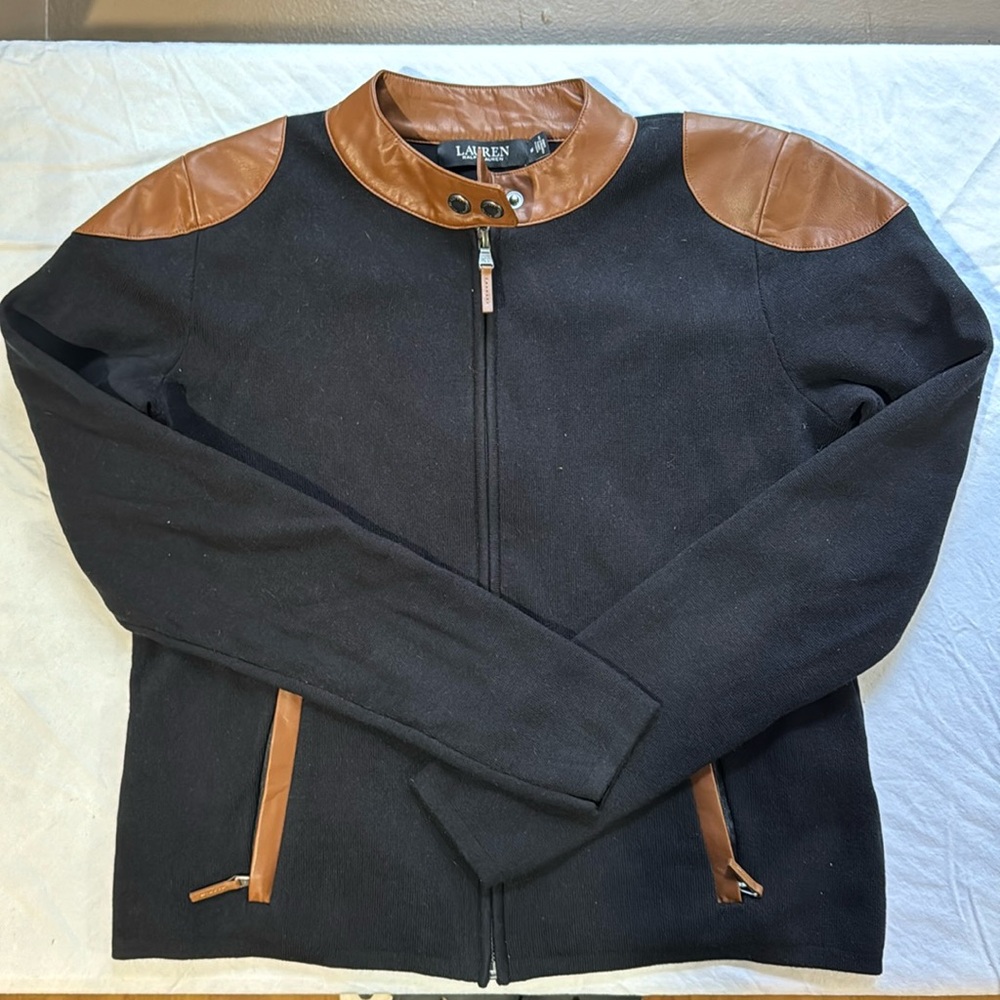 Lauren Ralph Lauren Women Zip Sweater Size M Leather Patch Round Neck